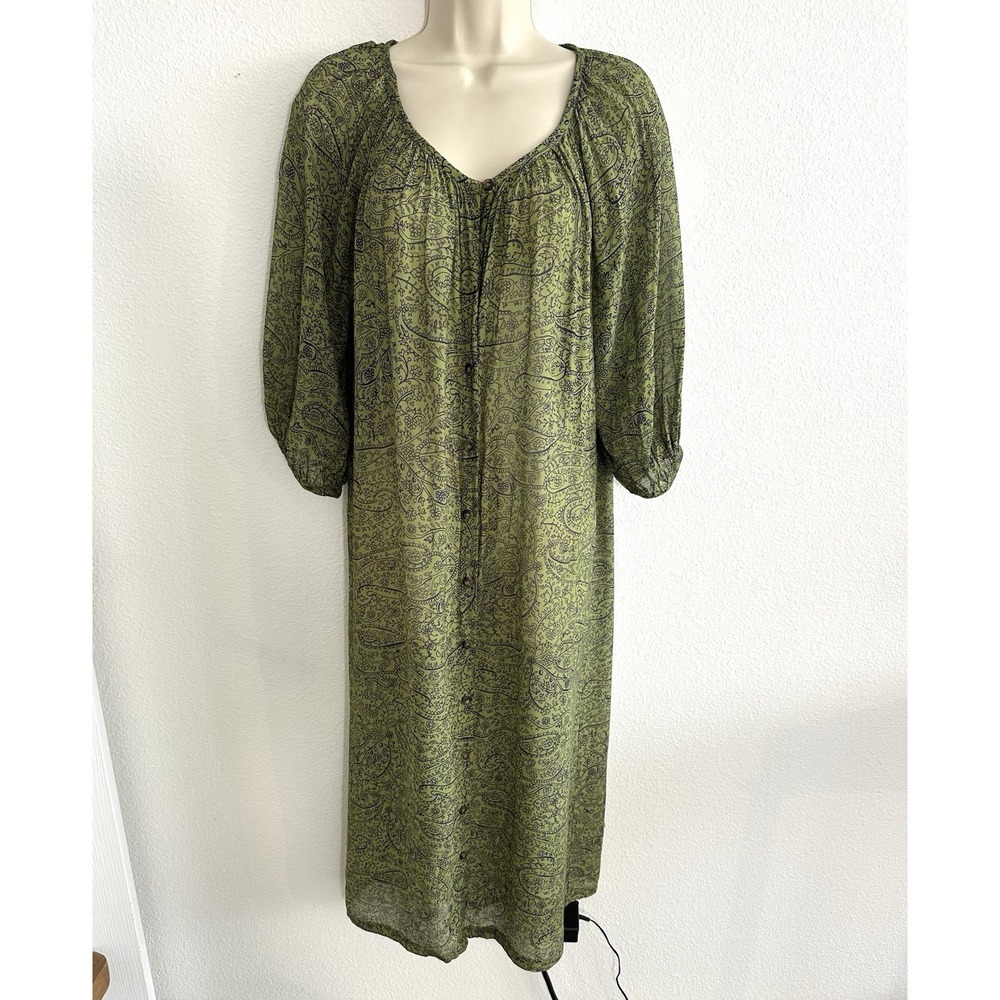 Ottod Ame Silk Chiffon Duster Kimono Sheer Peasant Maxi Olive Green Paisley Sz S